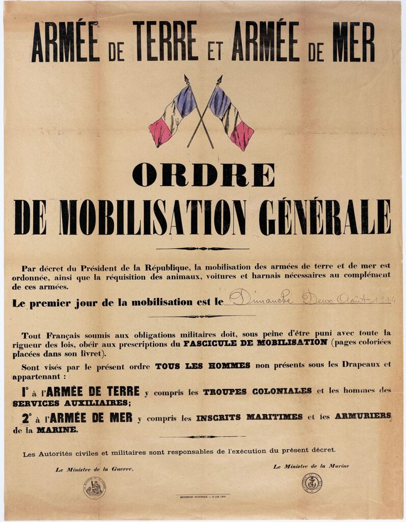 Affiche « Ordre de mobilisation générale » datée du 2 août 1914, conservée aux Archives nationales. (source : https://fr.wikipedia.org/wiki/Mobilisation_française_de_1914)