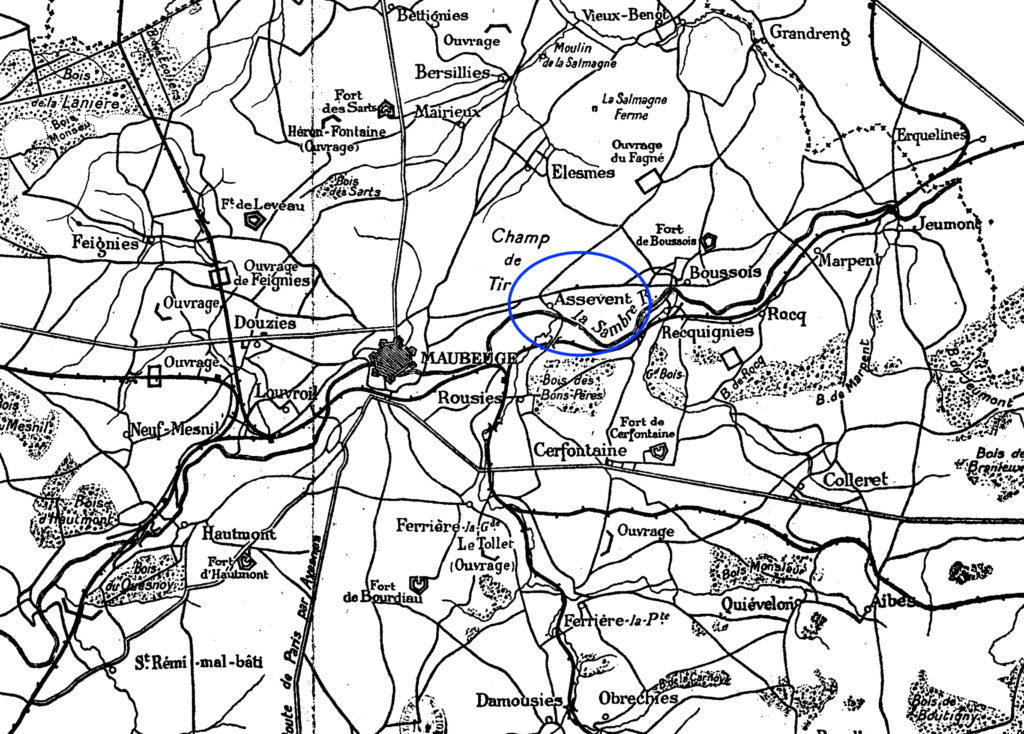 Assevent - https://en.wikipedia.org/wiki/File:Map_showing_the_Entrenched_Camp_of_Maubeuge_in_1914.png