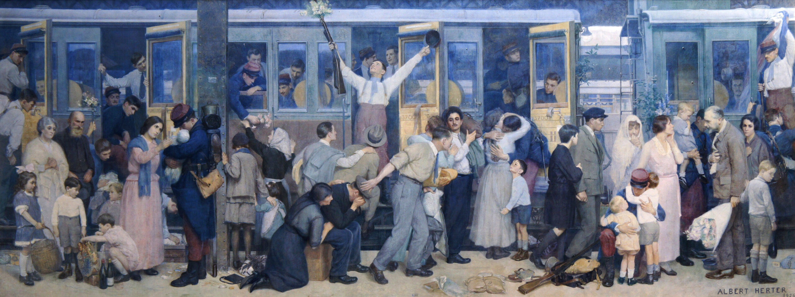 Le tableau Le Départ des poilus, août 1914, accroché dans la Gare de l’Est, est l’œuvre du peintre américain Albert Herter (1871-1950) qui l’offrit à la France en 1926. source : https://memorial14-18.paris.fr/memorial/jsp/site/Portal.jsp?document_id=106&portlet_id=106